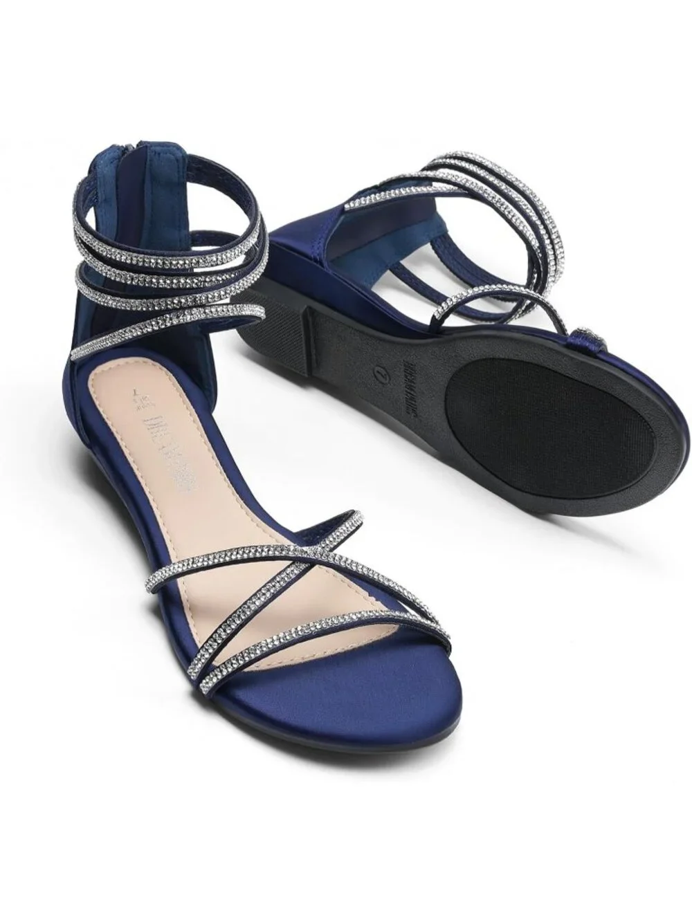 Women's Navy Rhinestones Gladiator Flat Sandals Ankle Strap Comfortable Zip